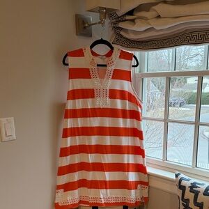 Orange and White Striped Sleeveless Shift Dress
